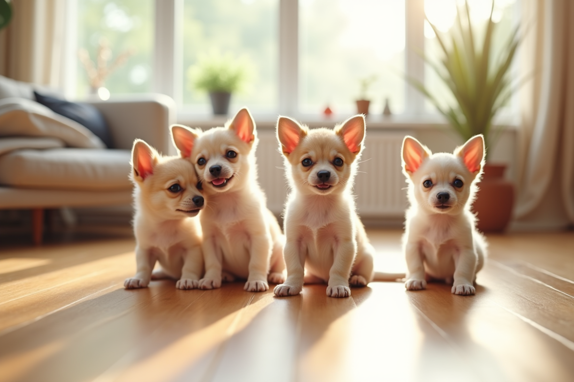 Groupe de chiots chihuahua joueurs sur un sol en bois clair