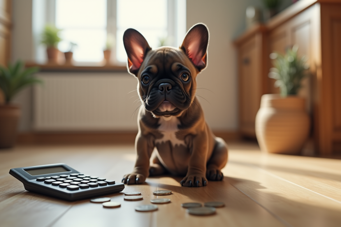 Chiot bulldog français assis sur le sol de cuisine avec pièces et calculatrice