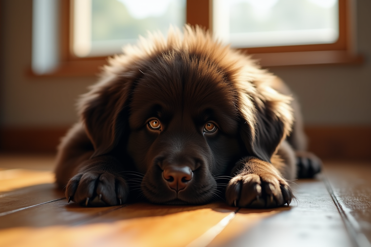 Chiot Newfoundland allongé sur le sol en bois avec regard expressif