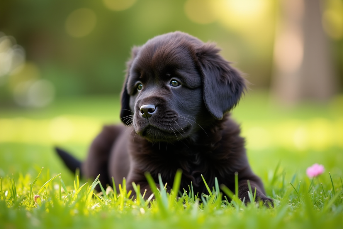 Chiot Newfoundland assis dans un jardin ensoleille avec pelage noir brillant