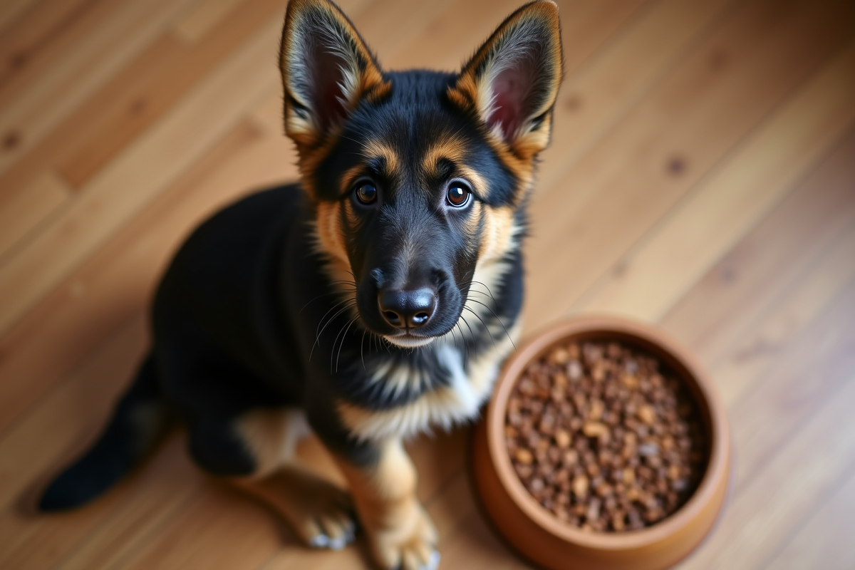 Chiot berger allemand assis près d un bol en bois avec nourriture sèche