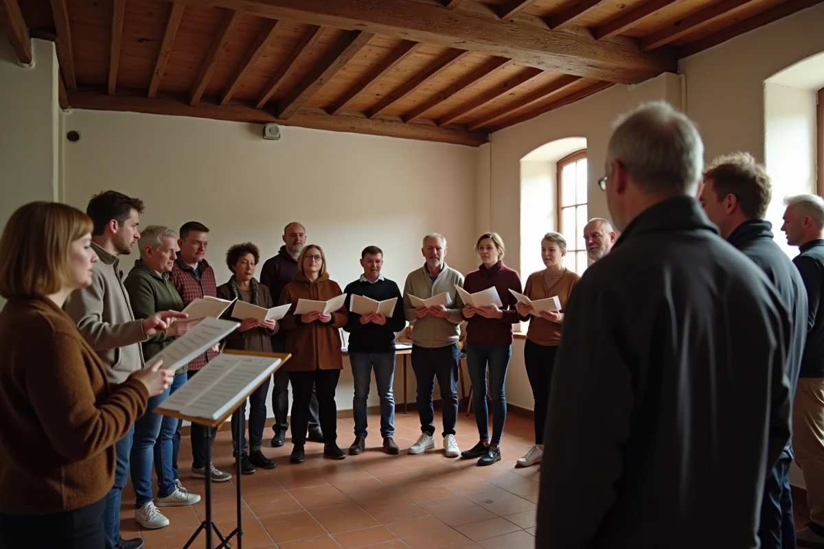 Chorale alsacienne répétant la Strasbourgeoise avec des paroles traduites dans une salle à colombages