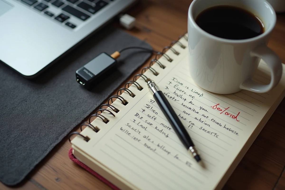 Vue de dessus d'un bureau avec clé de sécurité USB, ordinateur portable et notes manuscrites sur la cybersécurité