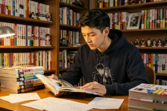 Collectionneur de manga étudiant un volume de Hunter x Hunter à son bureau entouré de livres et de notes manuscrites