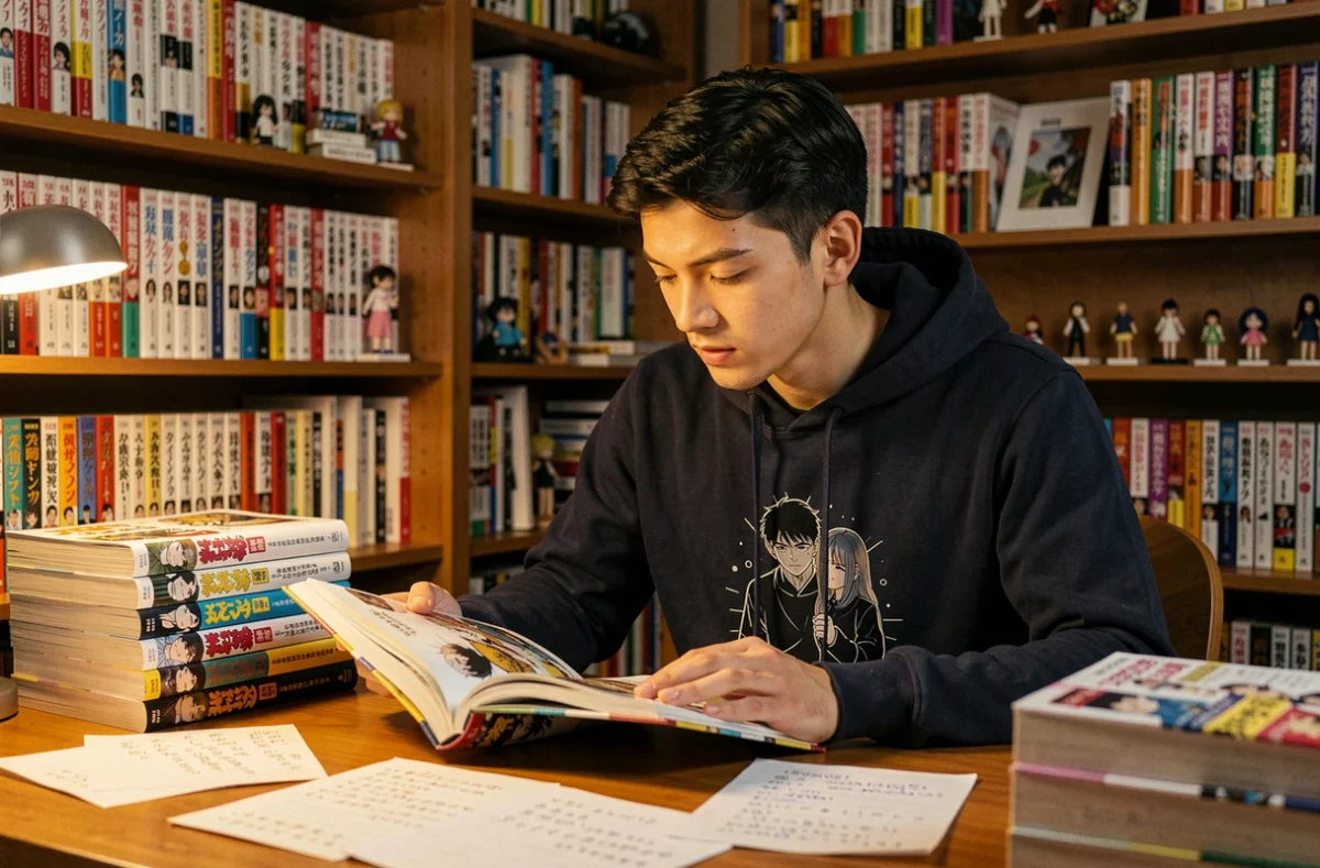 Collectionneur de manga étudiant un volume de Hunter x Hunter à son bureau entouré de livres et de notes manuscrites