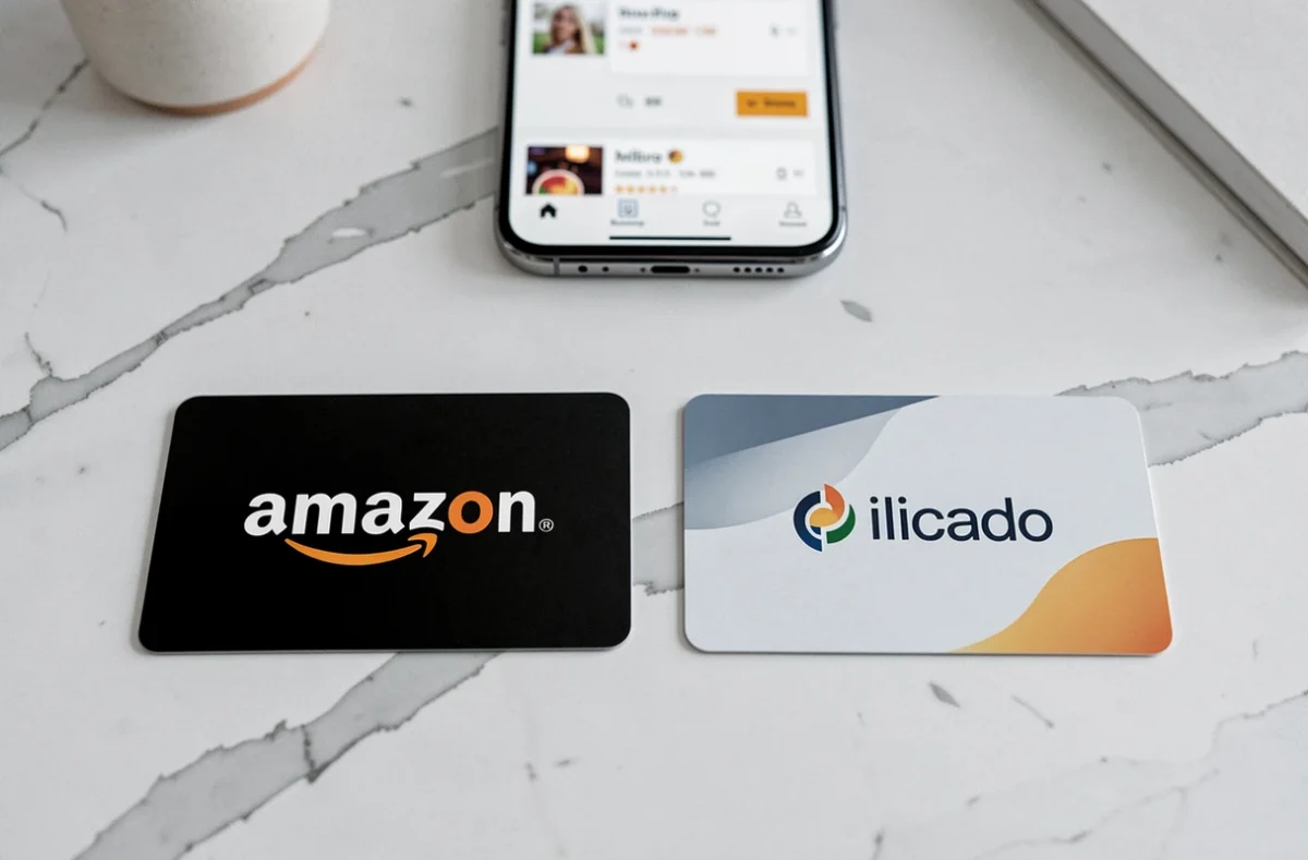 Comparaison visuelle d'une carte cadeau Amazon et d'une carte Illicado posées sur un bureau en marbre avec un smartphone