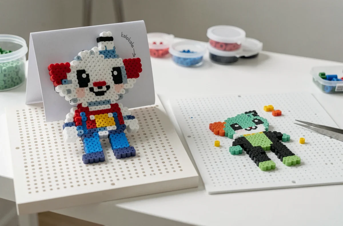 Comparaison entre un modèle perles à repasser Stitch terminé et une création originale en cours sur deux pegboards côte à côte