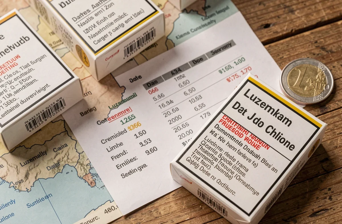Comparaison de prix de cartouches de cigarettes entre Luxembourg ville et zone frontalière avec liste tarifaire