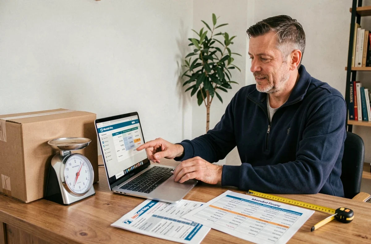Homme comparant les tarifs Mondial Relay Le Bon Coin sur un ordinateur portable avec une balance et un colis sur son bureau