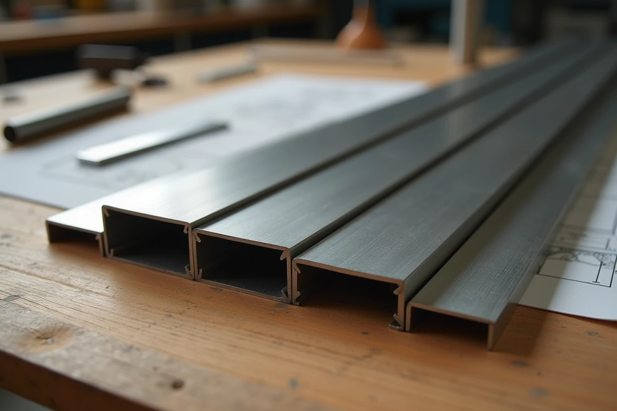 Gros plan sur plusieurs profils L en inox de tailles et finitions différentes posés sur un établi en bois