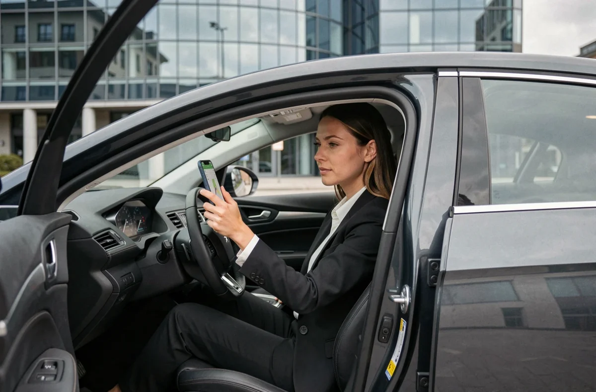 Conductrice VTC professionnelle installée dans sa voiture de service devant un immeuble moderne au Mans