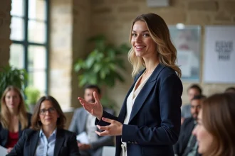 Jeune femme confiante parlant lors d'une conférence à Rennes