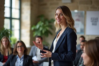 Jeune femme confiante parlant lors d'une conférence à Rennes