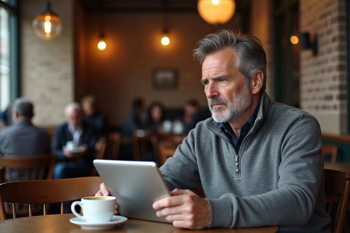Homme consultant la biographie Wikipedia d'une personnalité médiatique sur une tablette dans un café parisien