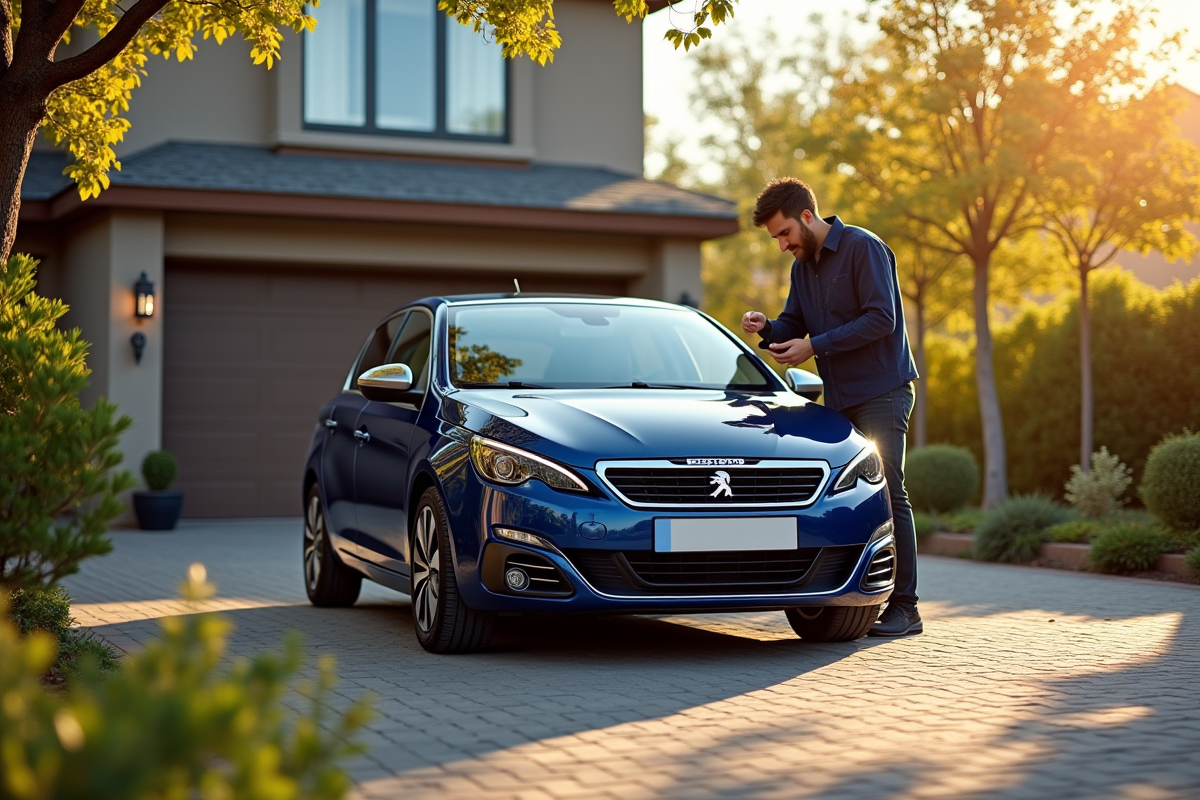 Personne vérifiant le niveau d huile d une Peugeot 308 2015