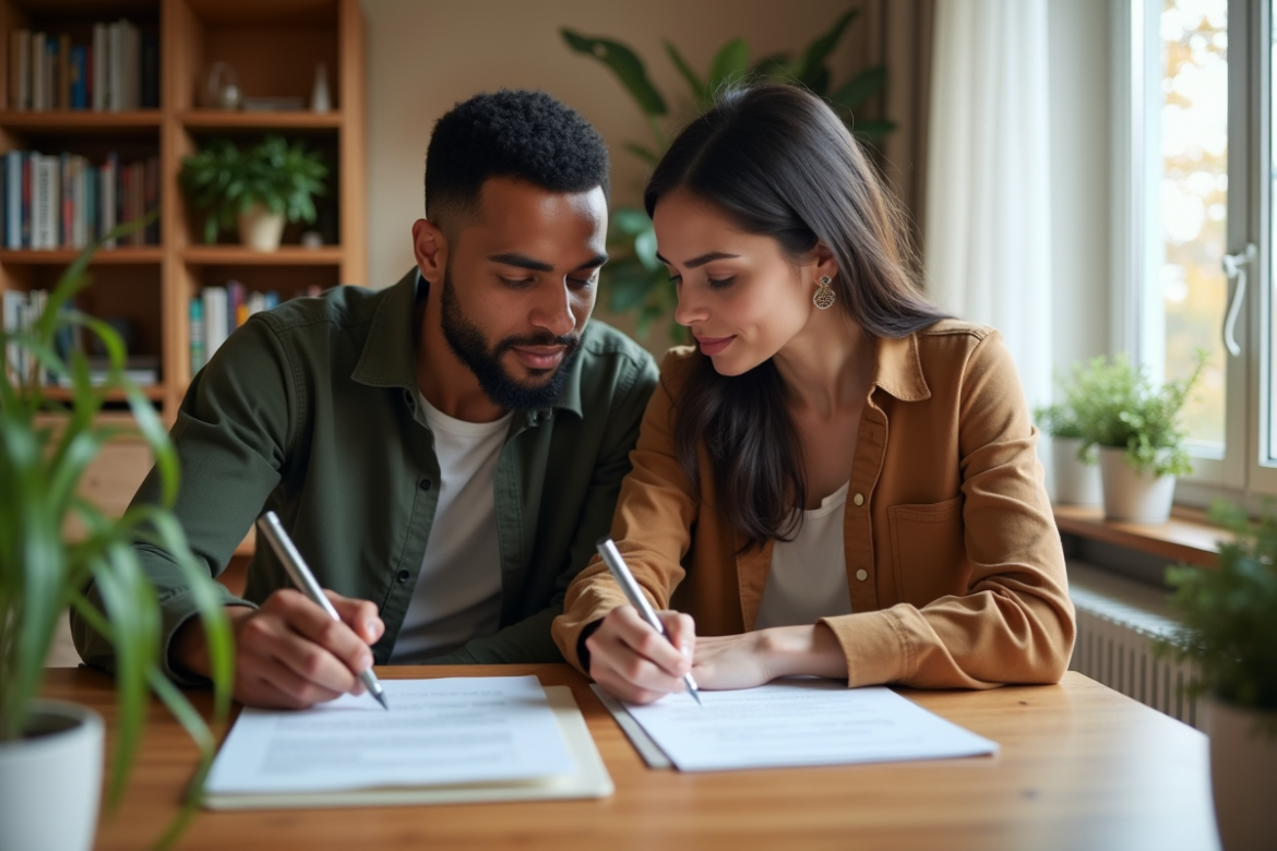 Jeune couple interracial remplissant des papiers à la maison