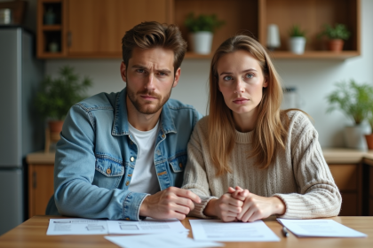 Jeune couple assis à une table de cuisine avec papiers