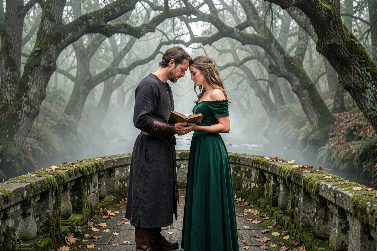 Couple en costumes fantasy romantiques sur un pont de pierre mousseux dans une forêt brumeuse, partageant un livre ouvert, tension émotionnelle