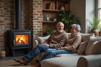 Couple français dans le salon avec poêle à bois premium