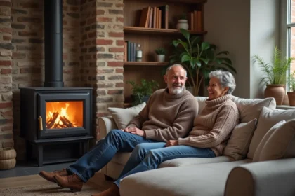 Couple français dans le salon avec poêle à bois premium