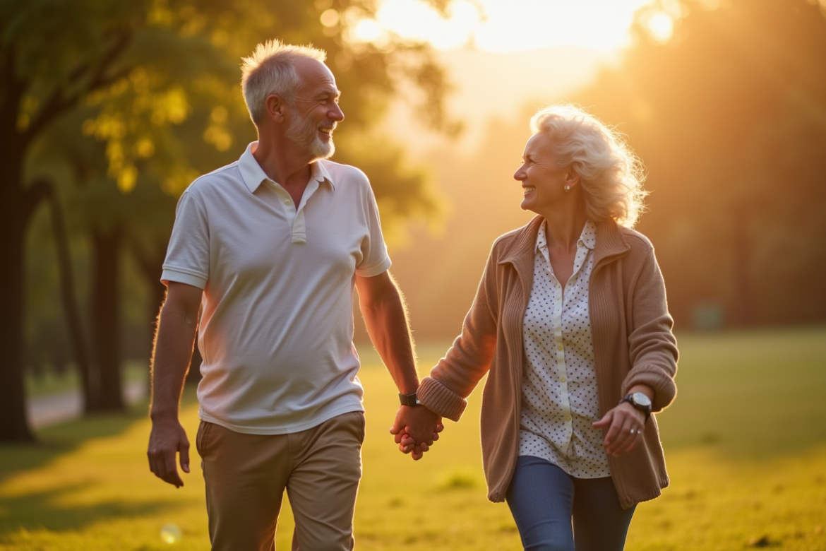 Couple souriant marchant dans un parc ensoleille