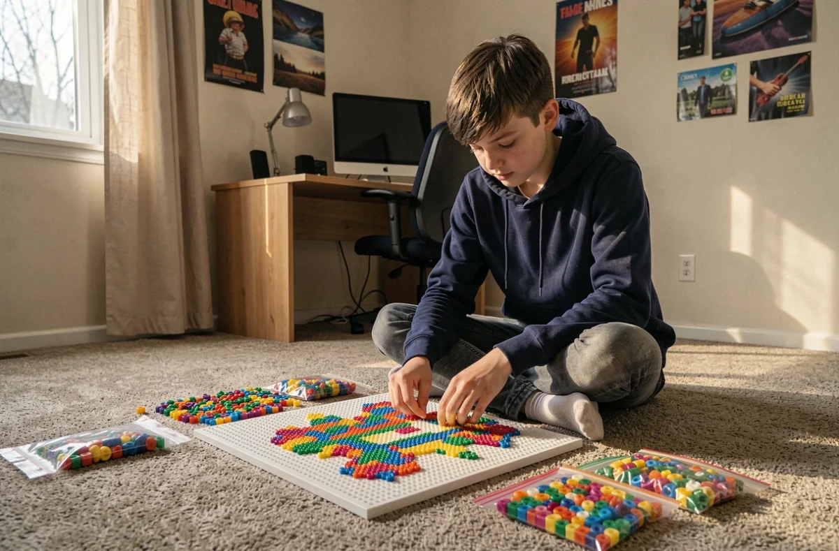 Adolescent assis sur le sol de sa chambre en train de créer son propre modèle de perles à repasser sans référence