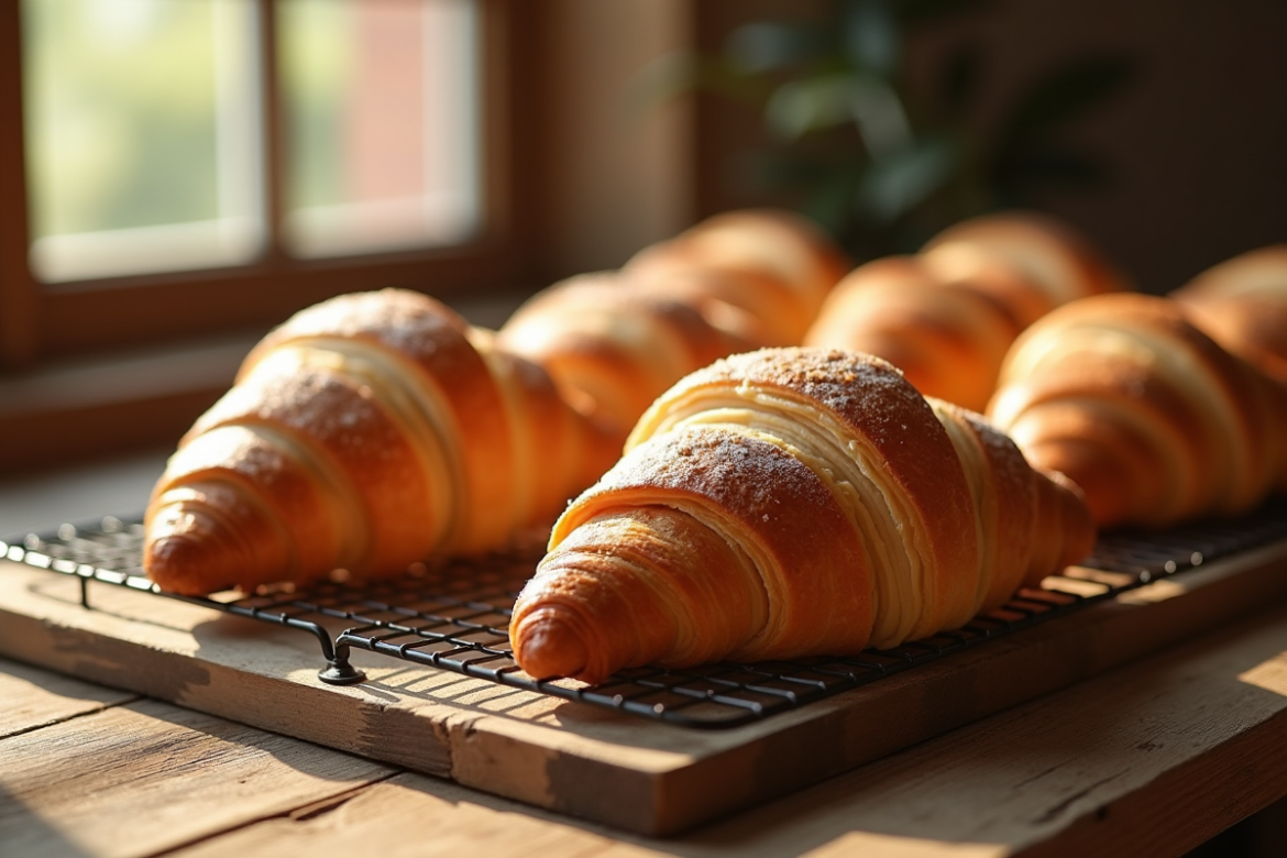 Croissants frais refroidissant sur une table en bois