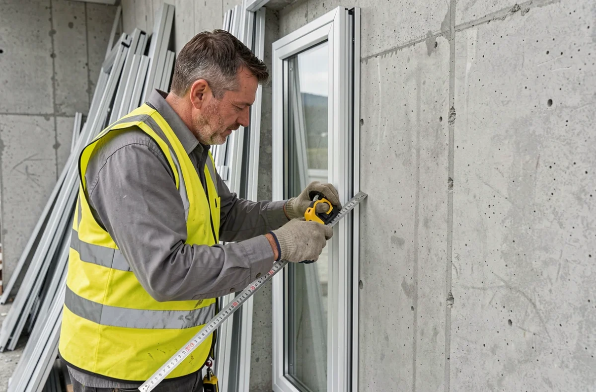 Spécialiste Denche'Alu mesurant un cadre de fenêtre en aluminium sur un chantier de construction en Savoie