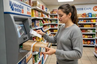 Femme déposant un colis dans un point relais Mondial Relay en boutique avec une étiquette d'expédition imprimée