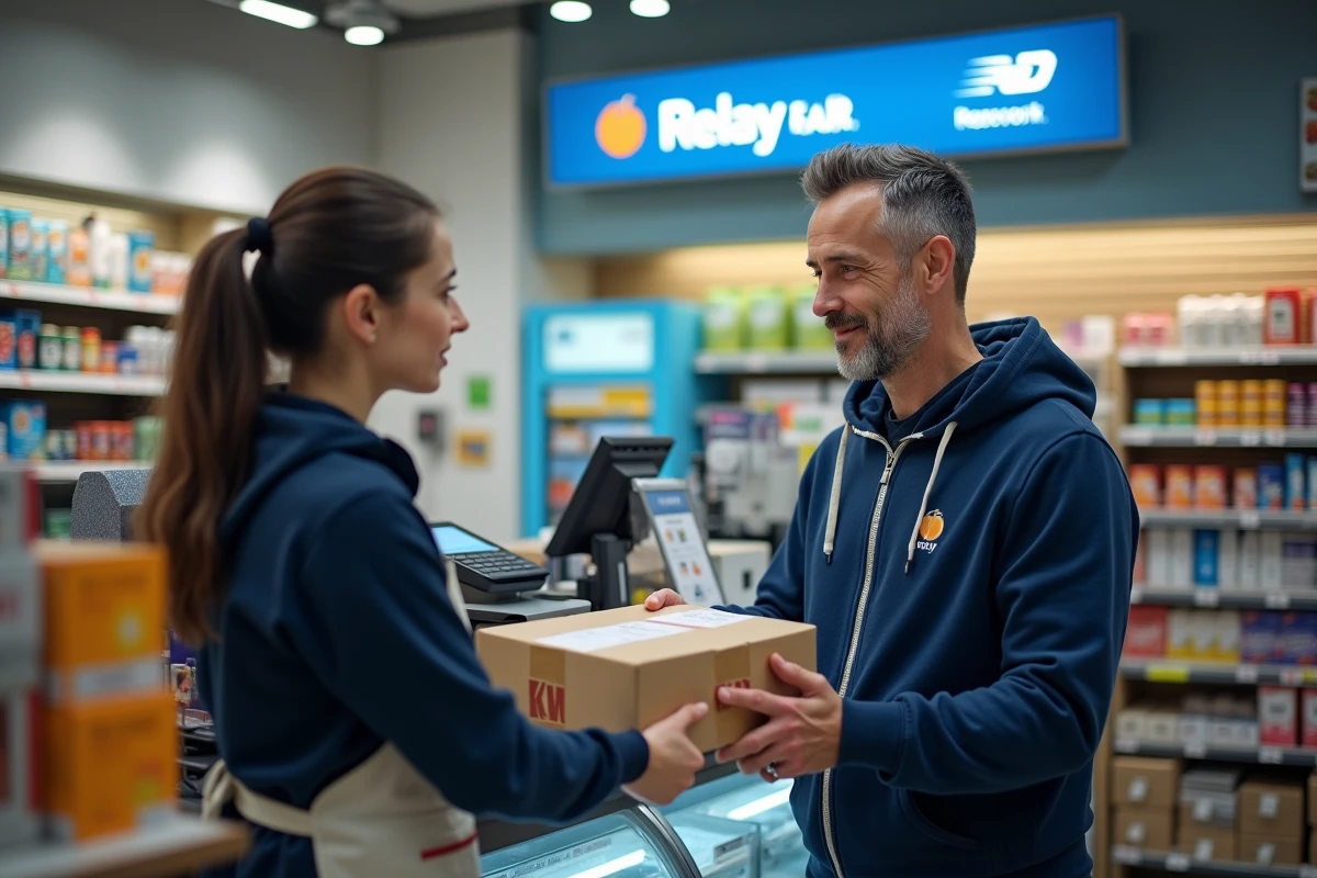 Homme déposant un colis dans un point relais en magasin pour un envoi international Relay