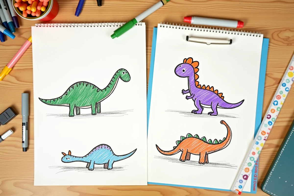 Vue de dessus de dessins de dinosaures simples réalisés au crayon et feutre sur papier blanc par des enfants de maternelle