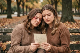 Deux amies émues assises sur un banc en automne, l'une tenant une lettre manuscrite, illustrant l'amitié sincère et les émotions profondes