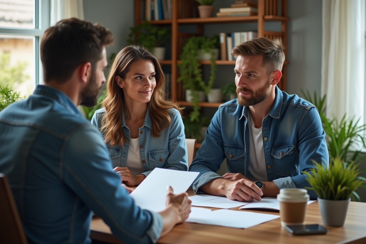 Couple jeune discute avec un agent immobilier dans un bureau cosy
