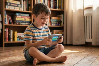 Enfant jouant avec une console portable rétro gaming sur le sol d'un salon vintage, expression concentrée et nostalgique