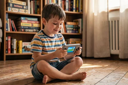Enfant jouant avec une console portable rétro gaming sur le sol d'un salon vintage, expression concentrée et nostalgique