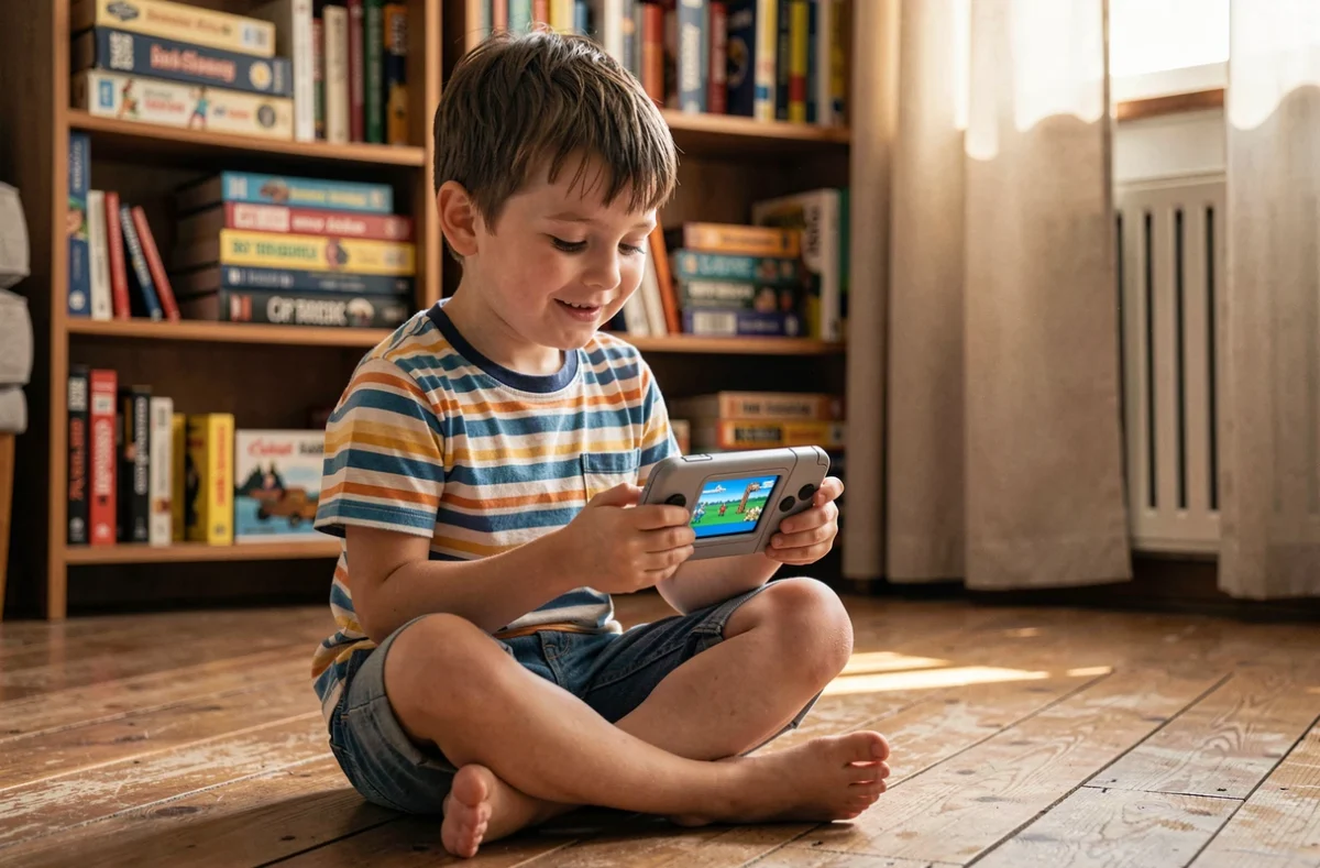 Enfant jouant avec une console portable rétro gaming sur le sol d'un salon vintage, expression concentrée et nostalgique