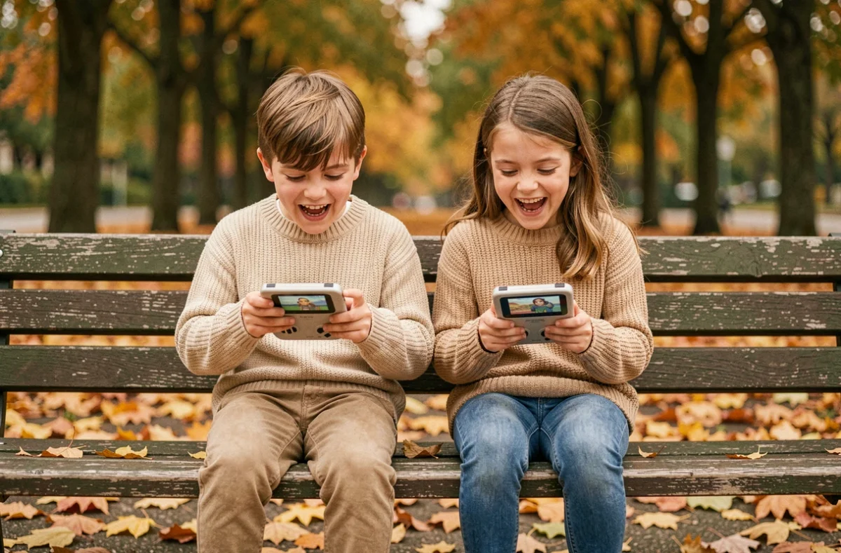 Deux enfants comparant leurs consoles portables rétro gaming dans un parc en automne, ambiance nostalgique et complice
