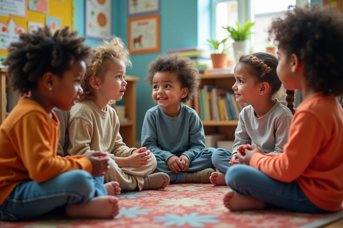 Enfants de divers horizons partageant une histoire en classe
