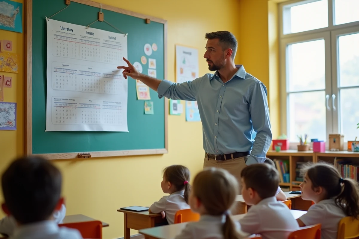 Enseignant pointant les semaines sur un calendrier annuel scolaire affiché en classe devant des élèves attentifs