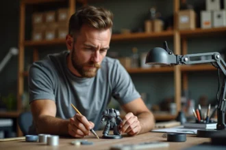 Homme adulte appliquant du vernis mat sur une figurine Warhammer Space Marine pour protéger la peinture contre les éclats