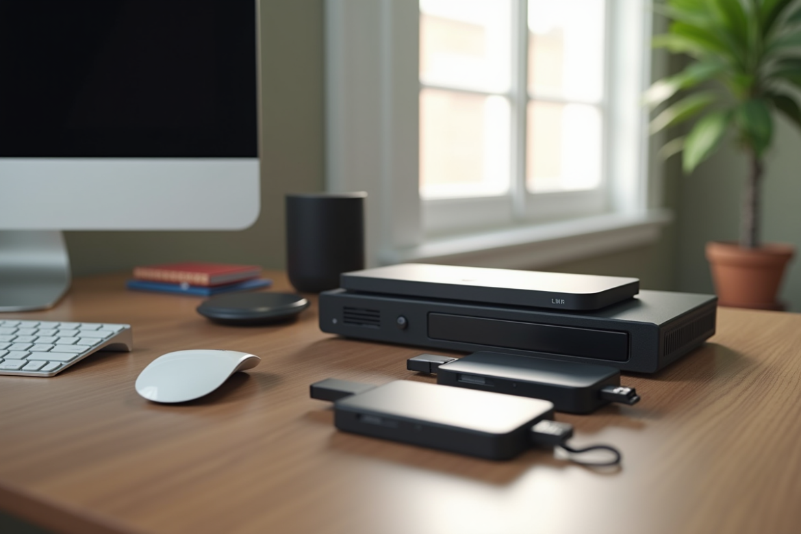Espace de travail moderne avec disques durs et clés USB