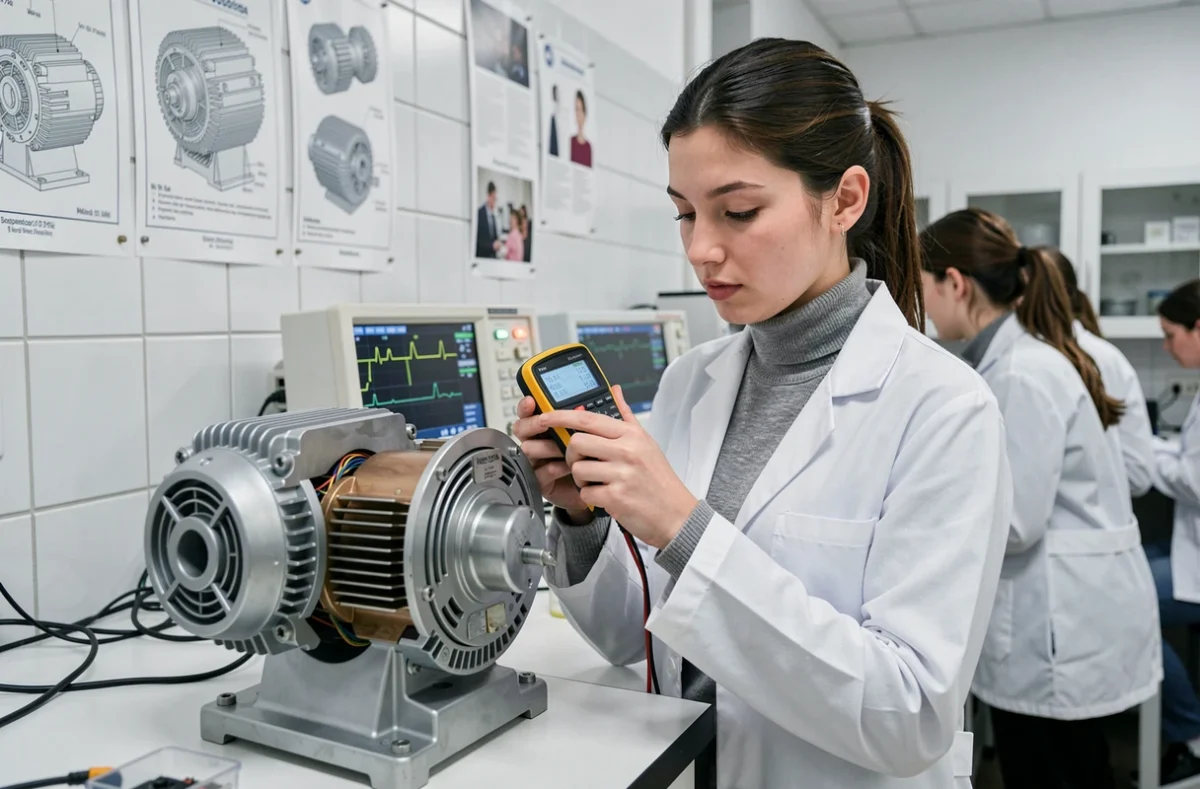 Étudiante en électrotechnique mesurant les paramètres d'un moteur asynchrone de démonstration dans un laboratoire universitaire