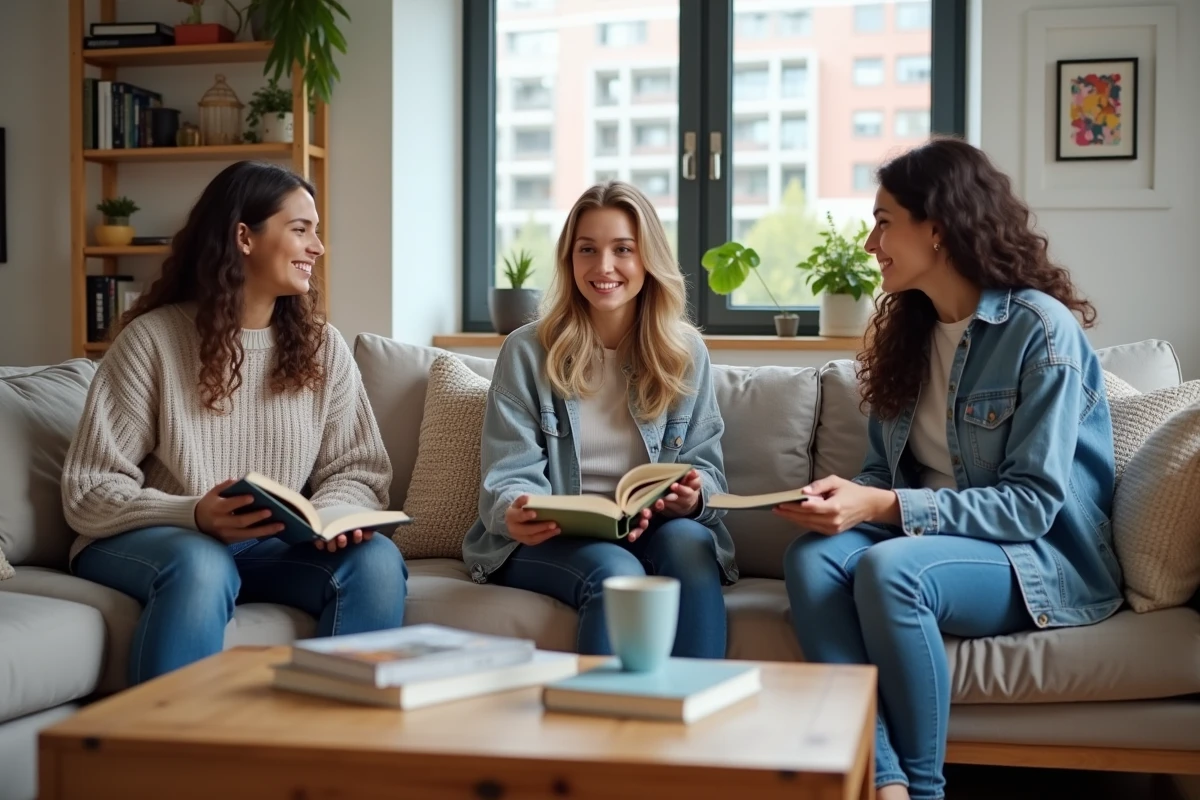 Trois étudiants discutant dans un salon lumineux