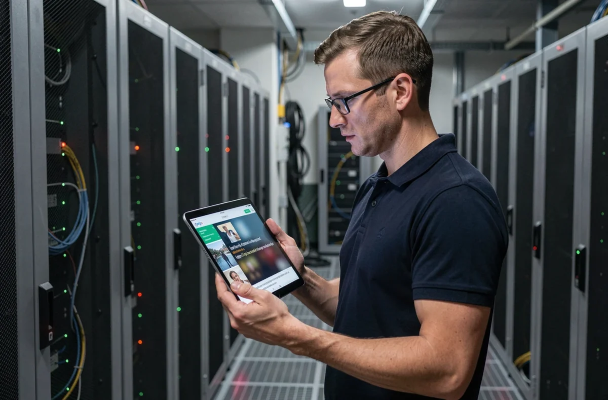 Professionnel de la cybersécurité analysant des captures d'écran de contenus volés sur une tablette dans une salle de serveurs