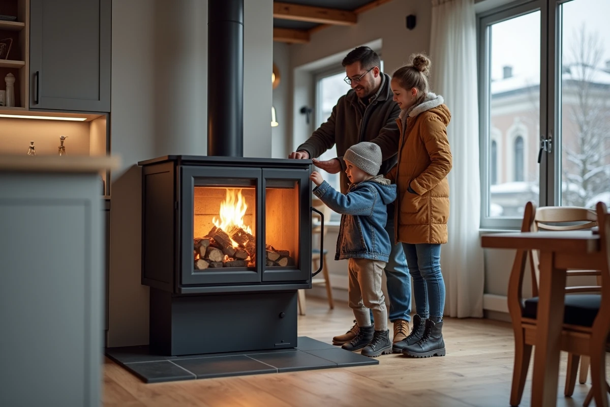 Famille chargant le poêle à bois dans la cuisine
