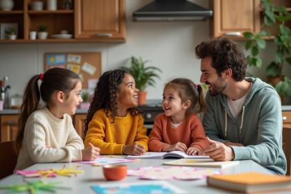 Famille multiculturelle autour d une table de cuisine chaleureuse