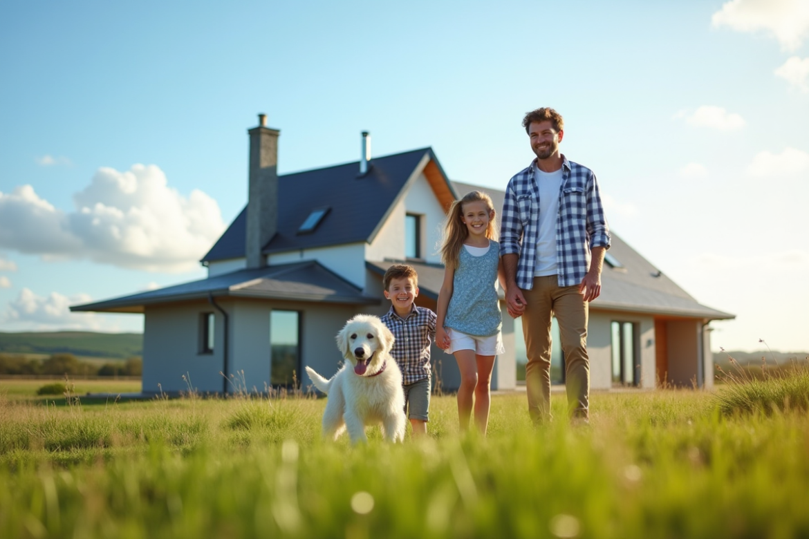 Famille heureuse devant maison moderne en Bretagne