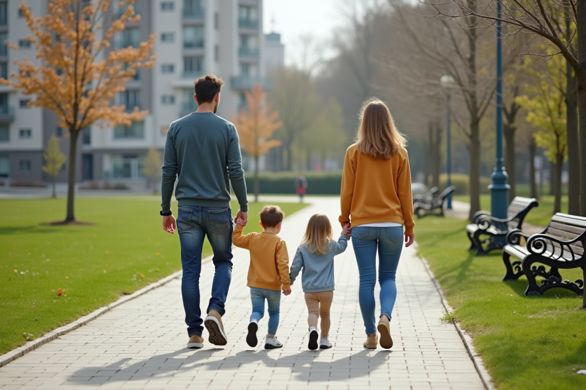 Famille de quatre se promenant dans un parc urbain en famille