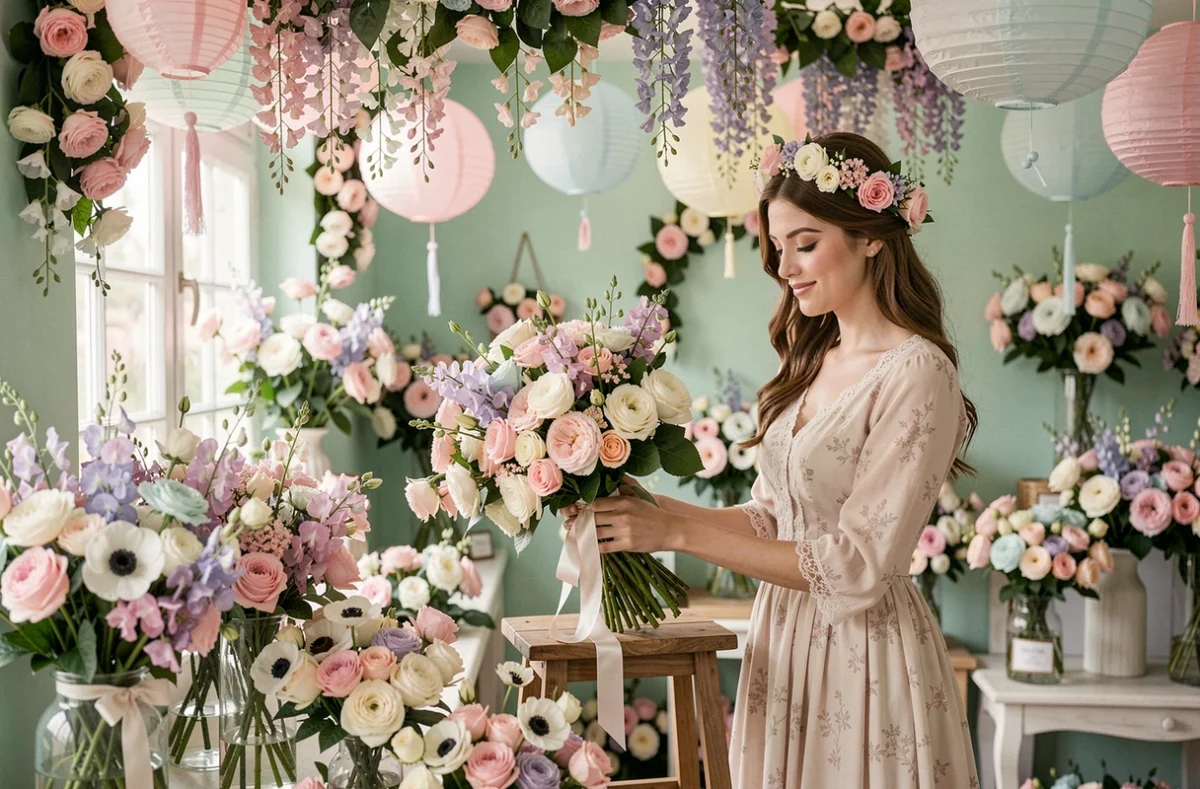 Boutique enchanteresse Fée des Fleurs avec une fleuriste présentant un bouquet de mariée romantique dans un décor féerique aux tons pastel