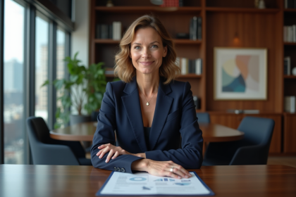 Femme d'affaires confiante en costume bleu marine dans un bureau élégant